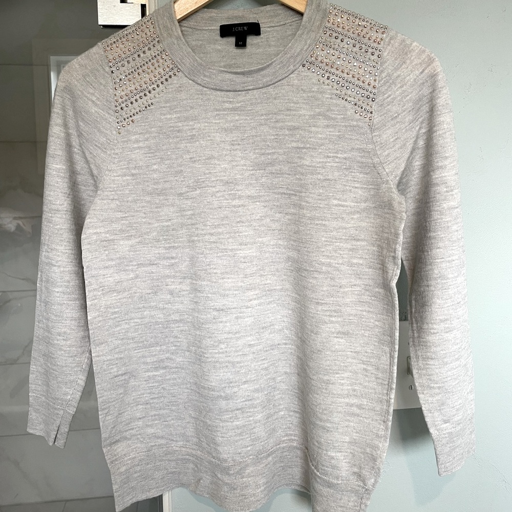 J.Crew Embellished Long Sleeve Gray Merino Wool Sweater M